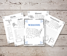 Load image into Gallery viewer, 50 US States Printable Workbook for Kids Ages 8-12, Geography Activity Book PDF, State Facts Worksheets
